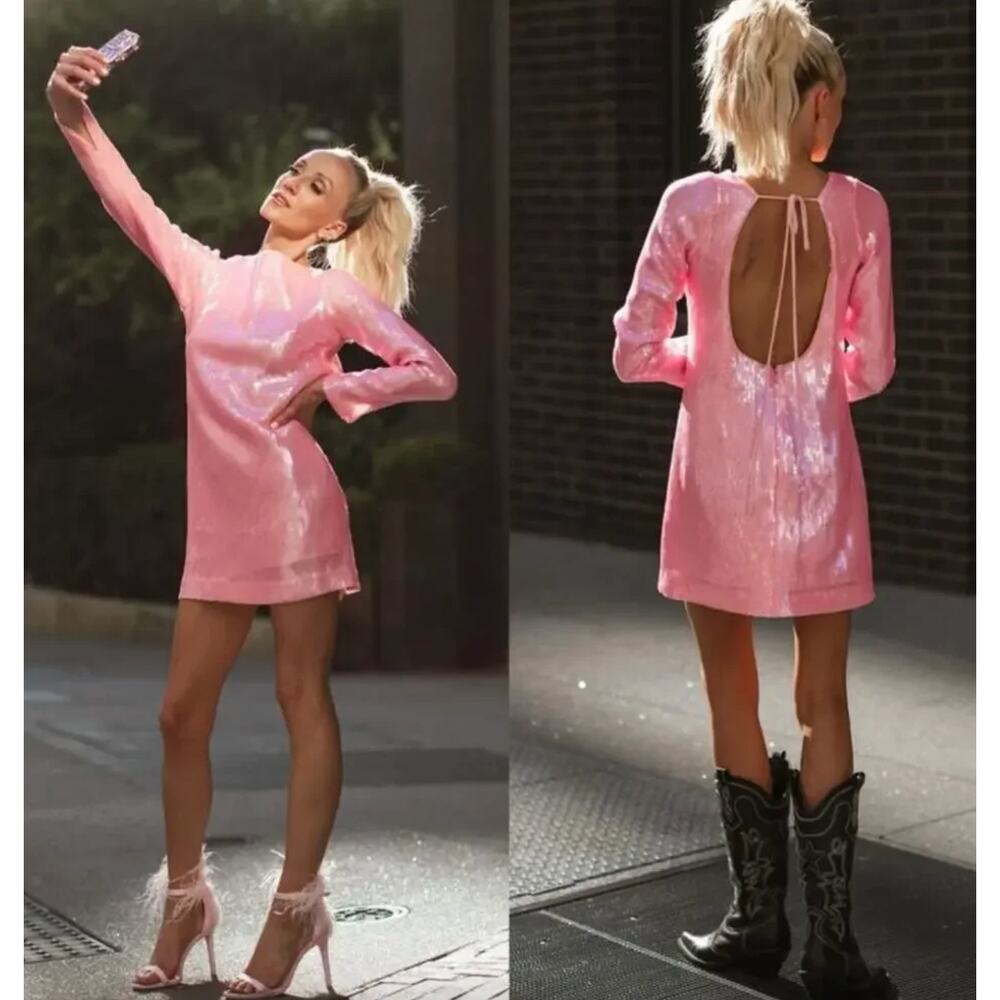 Gianni Bini Nastia Liukin Harley Dress Open Back Sequin Pink Long Sleeve 0 NWT.